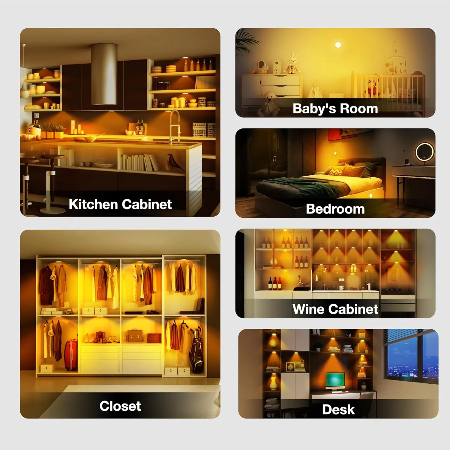 Puck Lights with Remote Control,1000mAh rechargeable under cabinet lighting,LED Closet Lights,3Pack Tap Light,Cordless Stick On Lights for Under Cabinet,Hallway, Stairway,Closet (Warm White-6PCS)