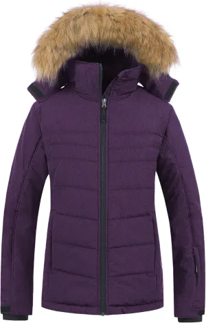 Pursky Women's Waterproof Ski Jacket Winter Puffer Snow Coat Fur Hooded Raincoat