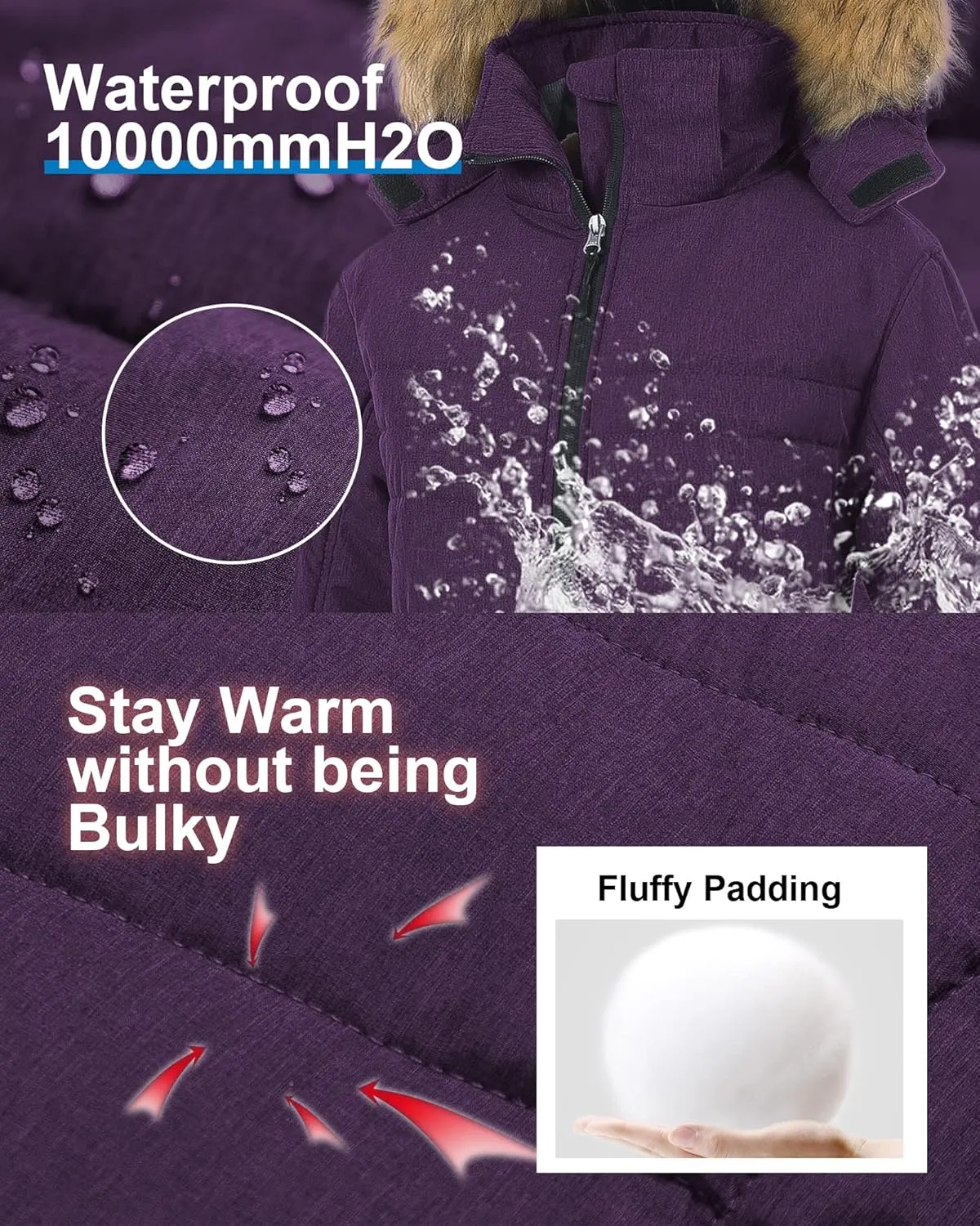 Pursky Women's Waterproof Ski Jacket Winter Puffer Snow Coat Fur Hooded Raincoat