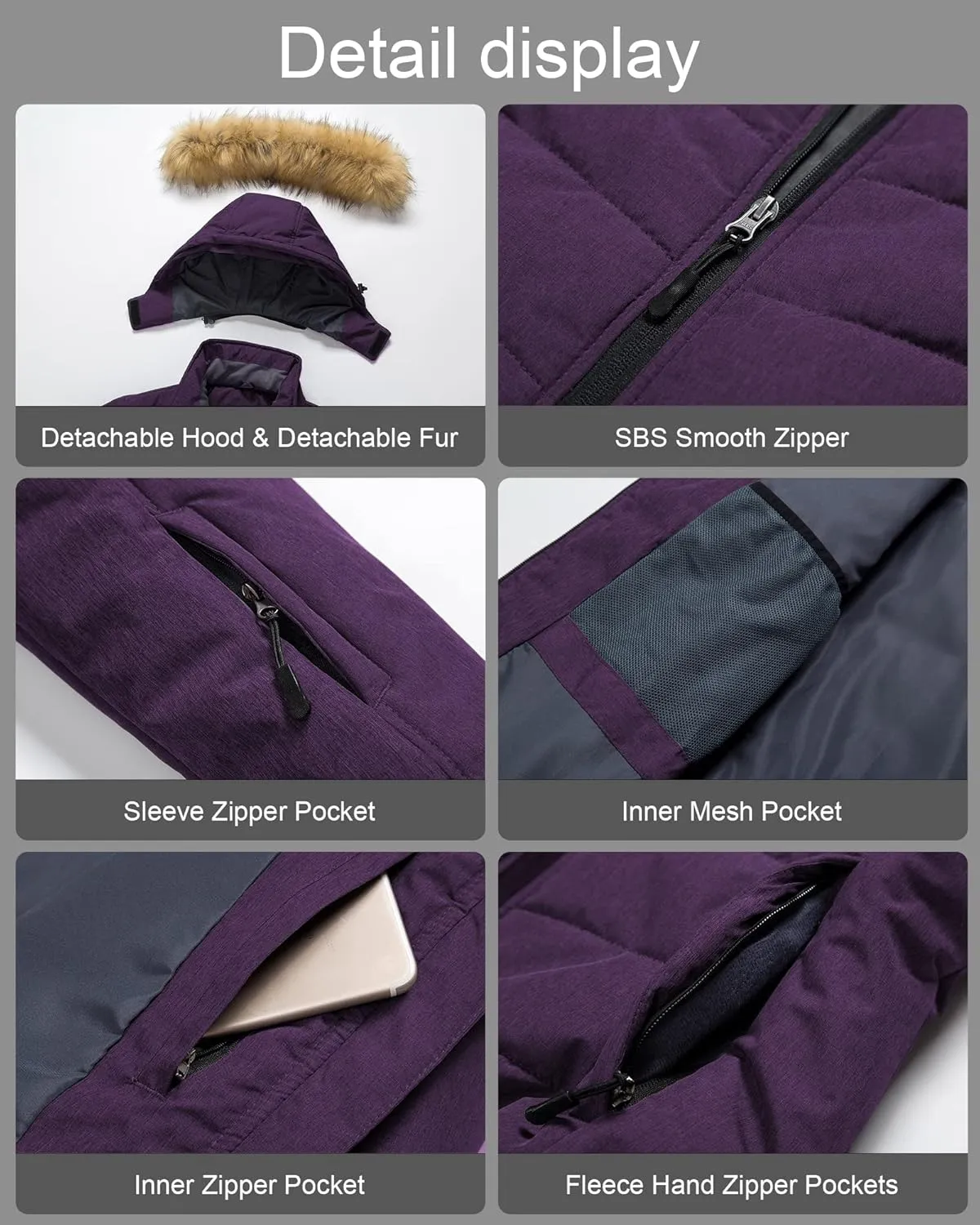 Pursky Women's Waterproof Ski Jacket Winter Puffer Snow Coat Fur Hooded Raincoat