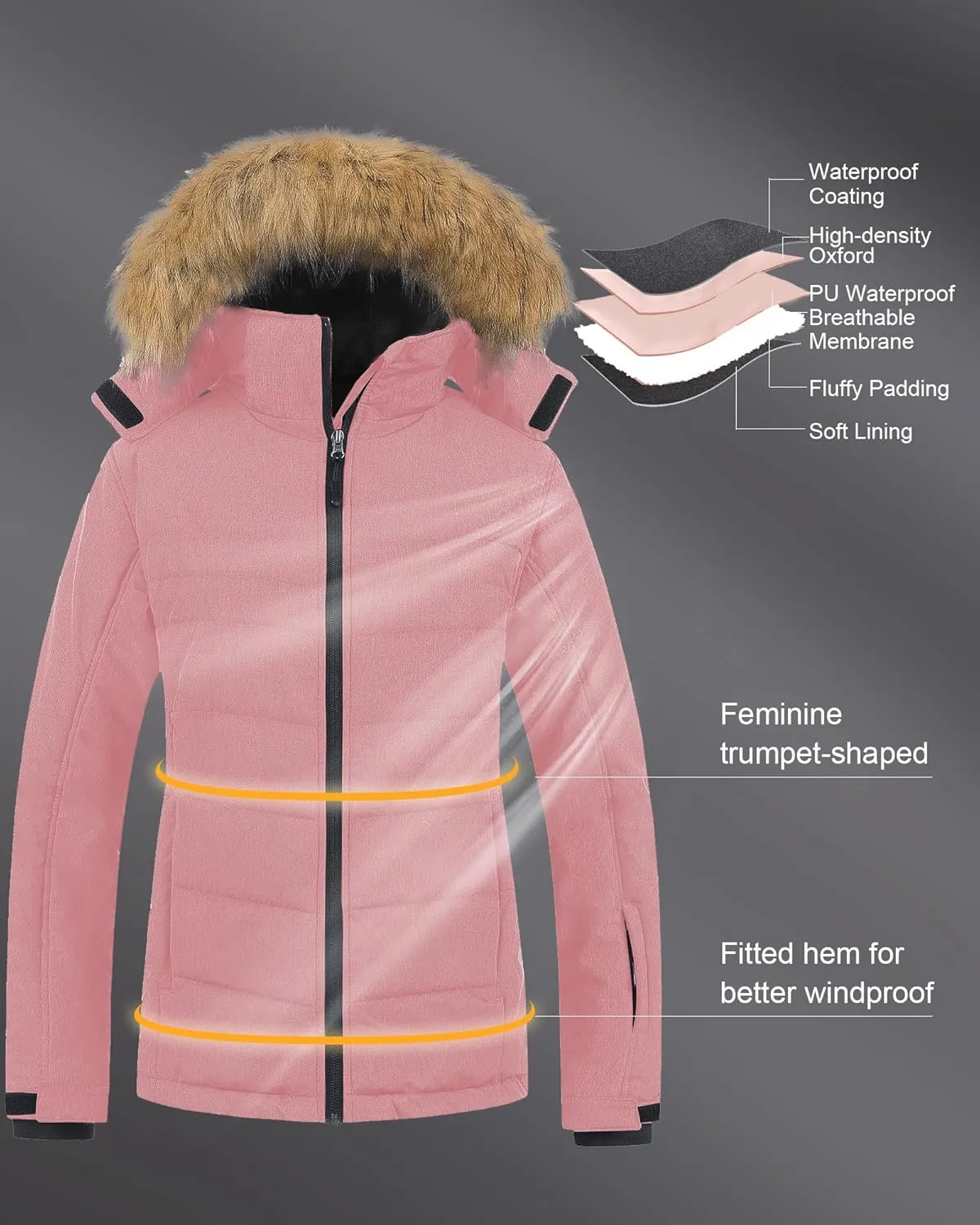Pursky Women's Waterproof Ski Jacket Winter Puffer Snow Coat Fur Hooded Raincoat