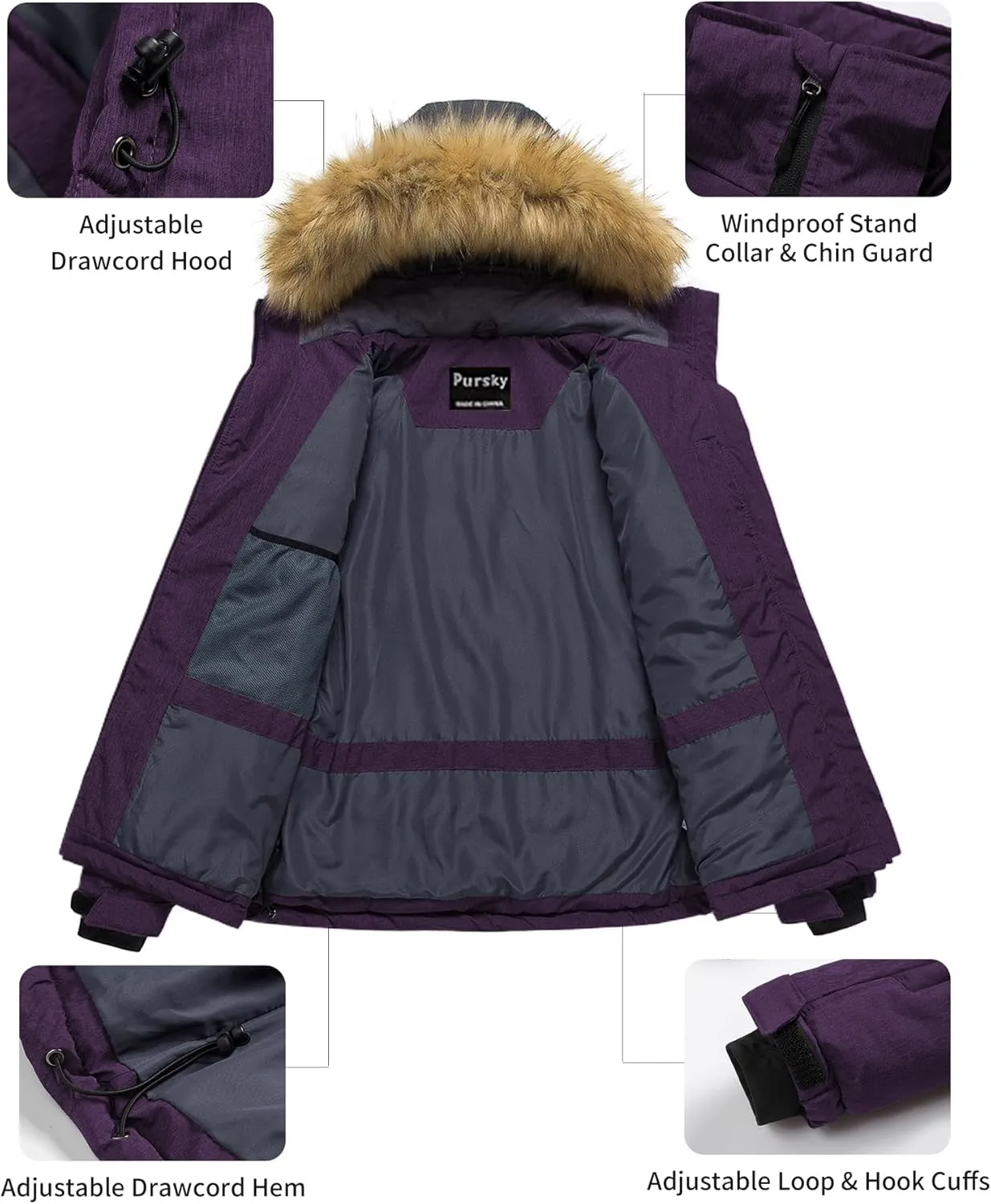 Pursky Women's Waterproof Ski Jacket Winter Puffer Snow Coat Fur Hooded Raincoat