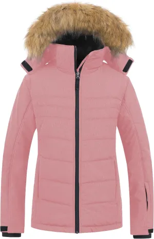 Pursky Women's Waterproof Ski Jacket Winter Puffer Snow Coat Fur Hooded Raincoat