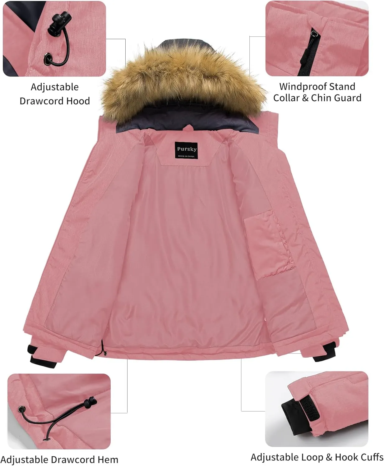 Pursky Women's Waterproof Ski Jacket Winter Puffer Snow Coat Fur Hooded Raincoat