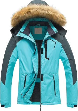 Pursky Women's Waterproof Ski Jacket Winter Snow Coats Fur Hooded Raincoat Parka