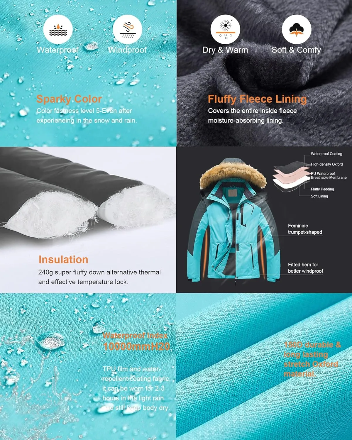 Pursky Women's Waterproof Ski Jacket Winter Snow Coats Fur Hooded Raincoat Parka