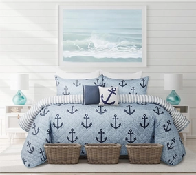 Quilts for Double Queen Bed Blue Anchors Bedspreads Soft Bed Summer Quilt Lightweight Microfiber Bedspread-Modern Style Pattern Coverlet for All Season - 3 Piece (1 Quilt, 2 Pillow Shams)