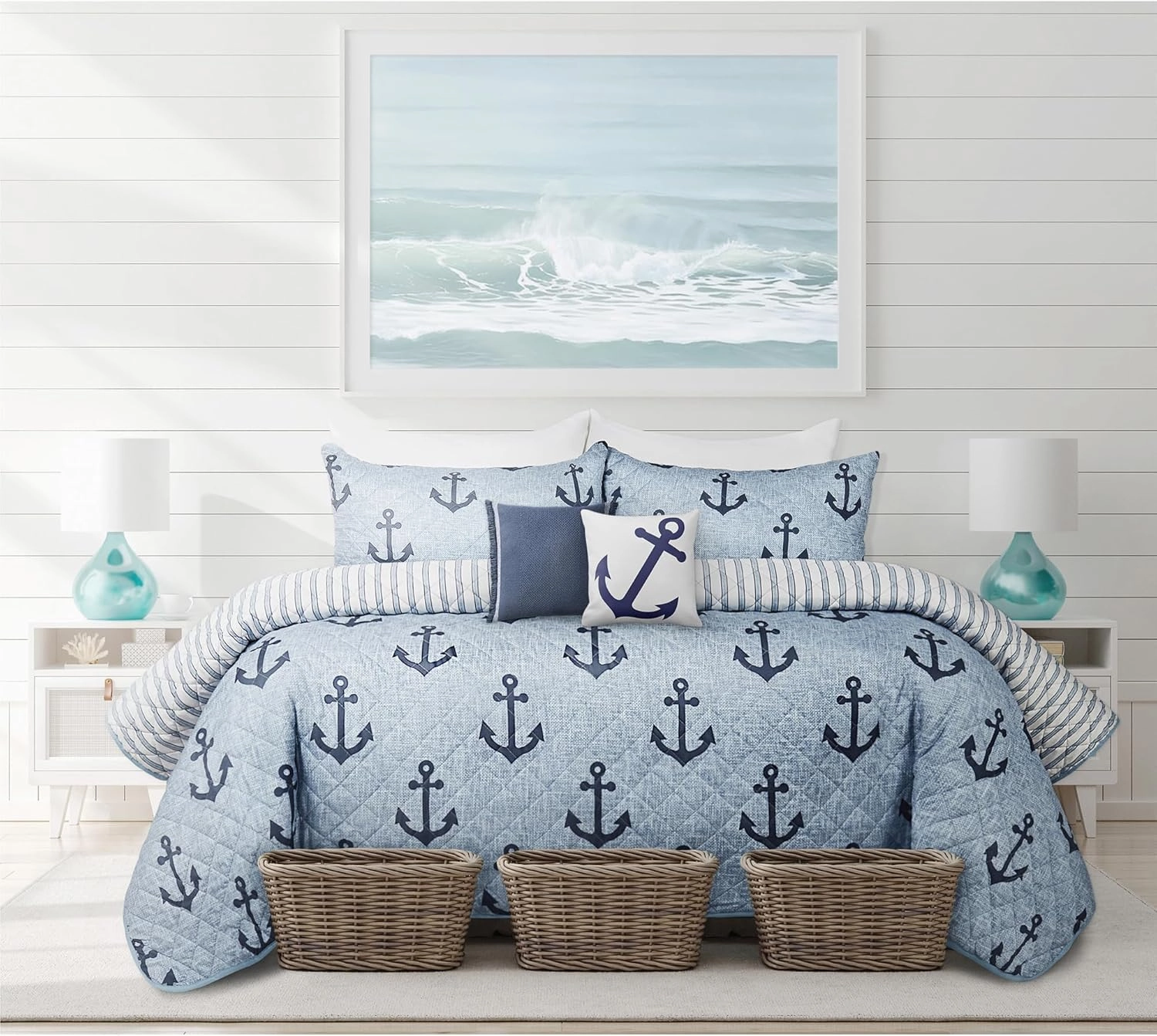 Quilts for Double Queen Bed Blue Anchors Bedspreads Soft Bed Summer Quilt Lightweight Microfiber Bedspread-Modern Style Pattern Coverlet for All Season - 3 Piece (1 Quilt, 2 Pillow Shams)