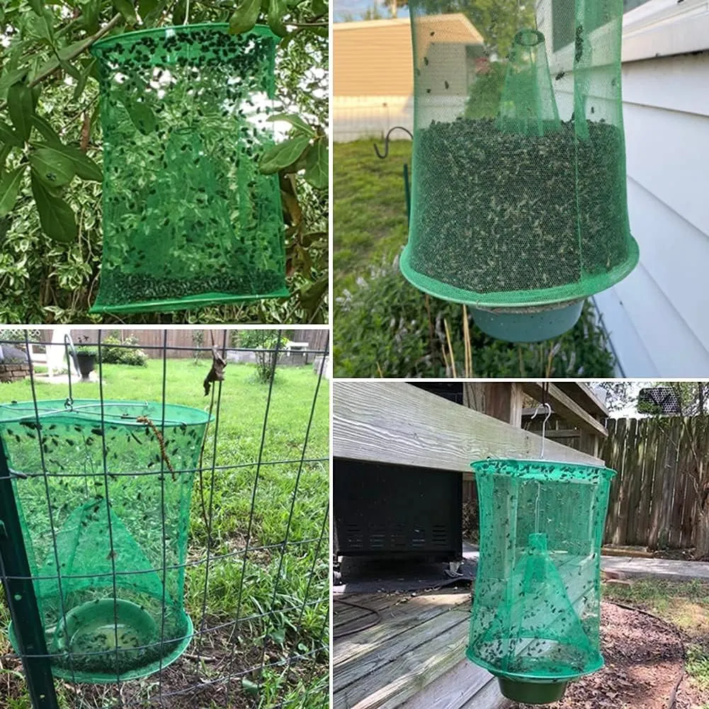 Ranch Fly Trap Outdoor Hanging Reusable with Fishing Apparatus | Food Bait Tray Catcher Cage for Indoor or Outdoor Family Farms, Park (4 Pack)