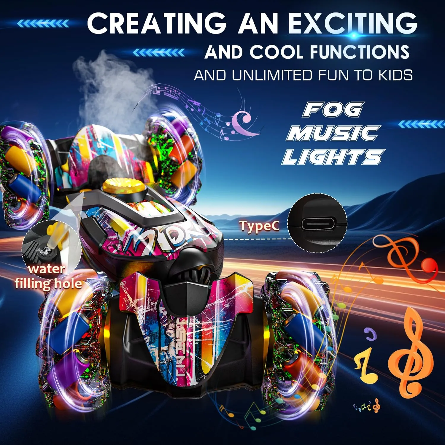 RC Car Gesture Sensing Remote Control Stunt Car with Light and Music, 4WD,Drifting,360° Rotation,for Kids 6-12 Years(Graffiti)