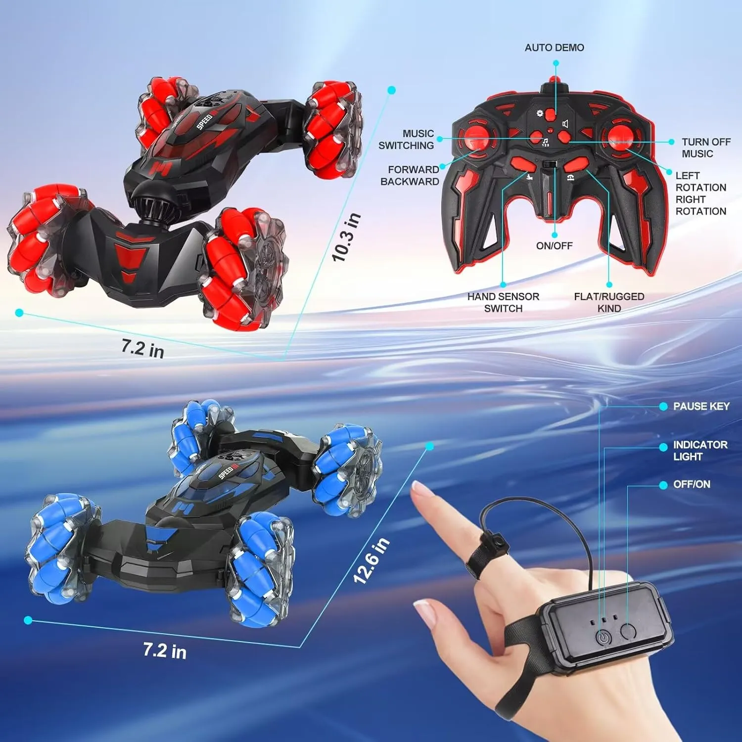 RC Stunt Car, 2.4 GHz 4WD Remote Control Gesture Sensor Toy Cars, Double Sided Rotating Off Road Vehicle 360° Flips with Lights Music, Drift rc car for Boys and Girls 5-13 Birthday