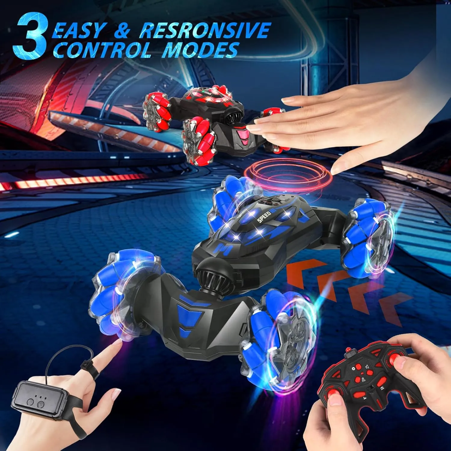 RC Stunt Car, 2.4 GHz 4WD Remote Control Gesture Sensor Toy Cars, Double Sided Rotating Off Road Vehicle 360° Flips with Lights Music, Drift rc car for Boys and Girls 5-13 Birthday