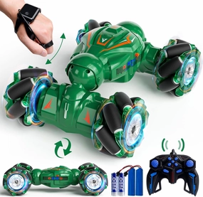RC Stunt Car, Gesture Sensor Remote Control Stunt Car Toys for Kids Age 6 7 8 9 10 11 12 Years Old, 2.4GHz 4WD RC Double Sided 360° Flips Off Road Vehicle with Lights Music, Gifts for Boys Girls-Green
