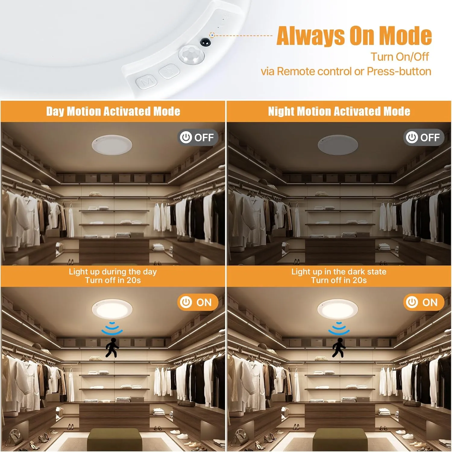 Rechargeable Ceiling Light, No Wiring Battery Operated Ceiling Lights with Remote, Motion Sensor Dimmable Timing Motion Activated Overhead Shower Light for Bathroom Pantry Hallway Porch (2)