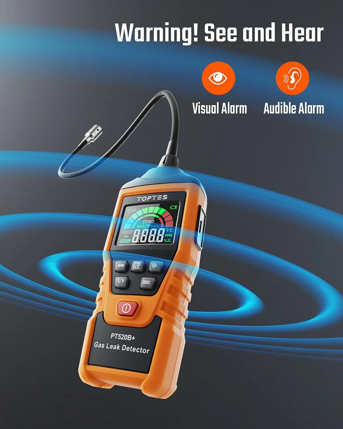 Rechargeable Gas Leak Detector, PT520B  Natural Gas Leak Detector with a 17-inch Probe to Situate Gas Leaks for Propane, Natural Gas, Methane, LPG in RV or Home, Measuring PPM or%LEL - Orange