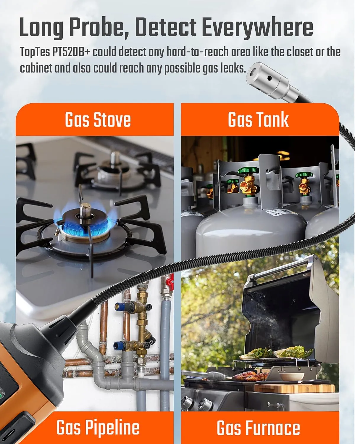 Rechargeable Gas Leak Detector, PT520B  Natural Gas Leak Detector with a 17-inch Probe to Situate Gas Leaks for Propane, Natural Gas, Methane, LPG in RV or Home, Measuring PPM or%LEL - Orange