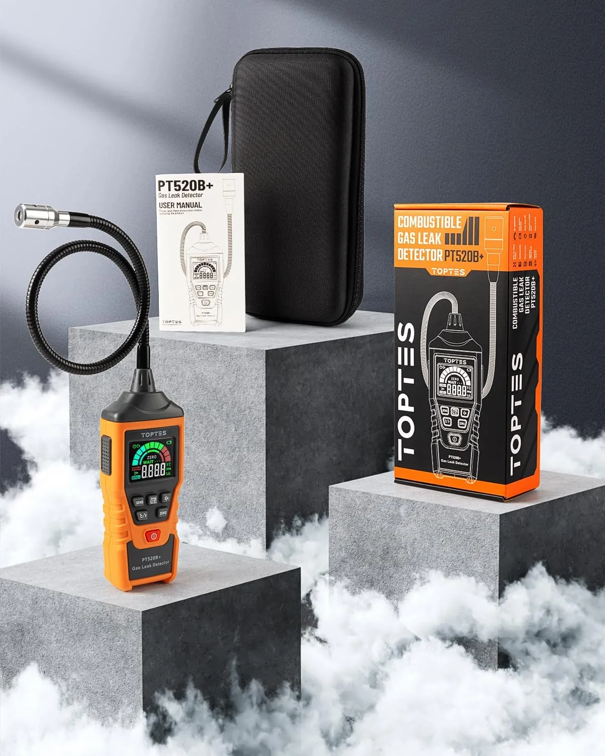 Rechargeable Gas Leak Detector, PT520B  Natural Gas Leak Detector with a 17-inch Probe to Situate Gas Leaks for Propane, Natural Gas, Methane, LPG in RV or Home, Measuring PPM or%LEL - Orange