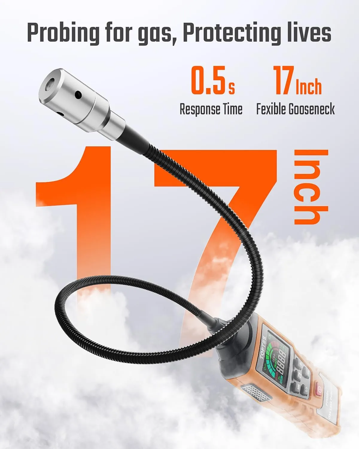 Rechargeable Gas Leak Detector, PT520B  Natural Gas Leak Detector with a 17-inch Probe to Situate Gas Leaks for Propane, Natural Gas, Methane, LPG in RV or Home, Measuring PPM or%LEL - Orange
