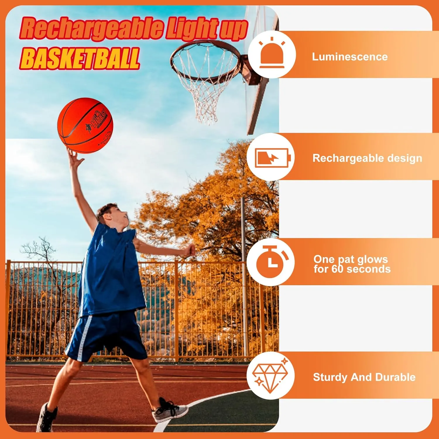 Rechargeable Glow in The Dark Basketball - USB Charging, Water-Resistant, Size 7, Impact Activated, Includes Pump, Ball Bag & Charging Cable - Rechargeable Light Up Basketball - Orange