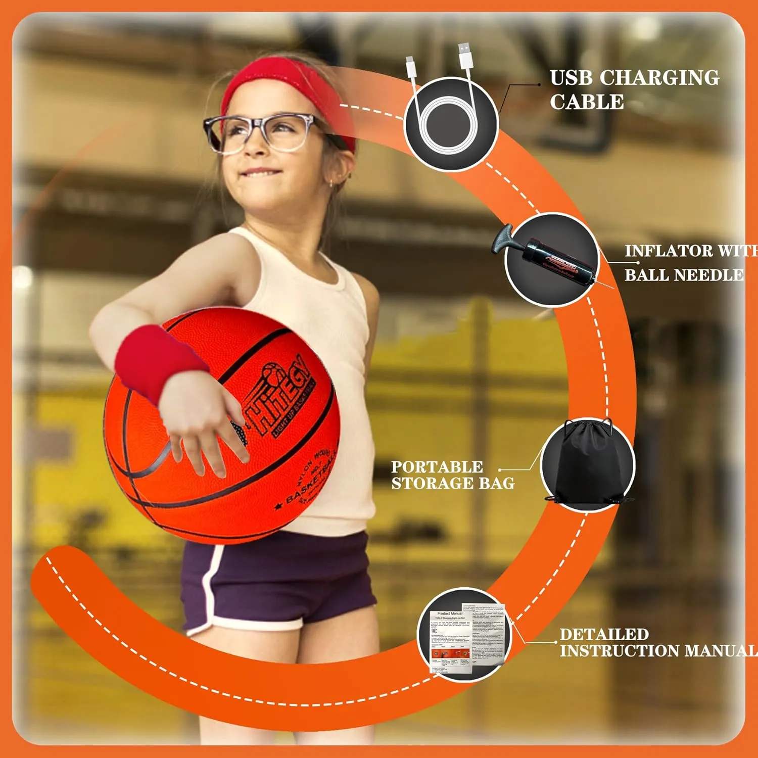 Rechargeable Glow in The Dark Basketball - USB Charging, Water-Resistant, Size 7, Impact Activated, Includes Pump, Ball Bag & Charging Cable - Rechargeable Light Up Basketball - Orange