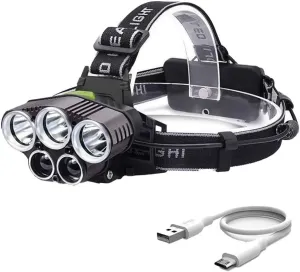 Rechargeable Headlamp,6 Mode 25000 High Lumen Bright 5 LED Headlamp with Red White Light,IPX5 Waterproof Headlights,Headlamps for Camping Running Fishing Hunting Hiking