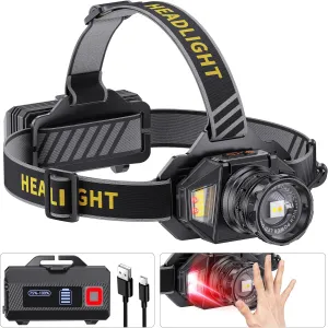 Rechargeable LED Headlamp with 3000 High Lumens, 12 Modes, 90H Battery Life, Motion Sensor, IPX7 Waterproof, 90° Adjustable - Perfect for Camping, Cycling, Hiking