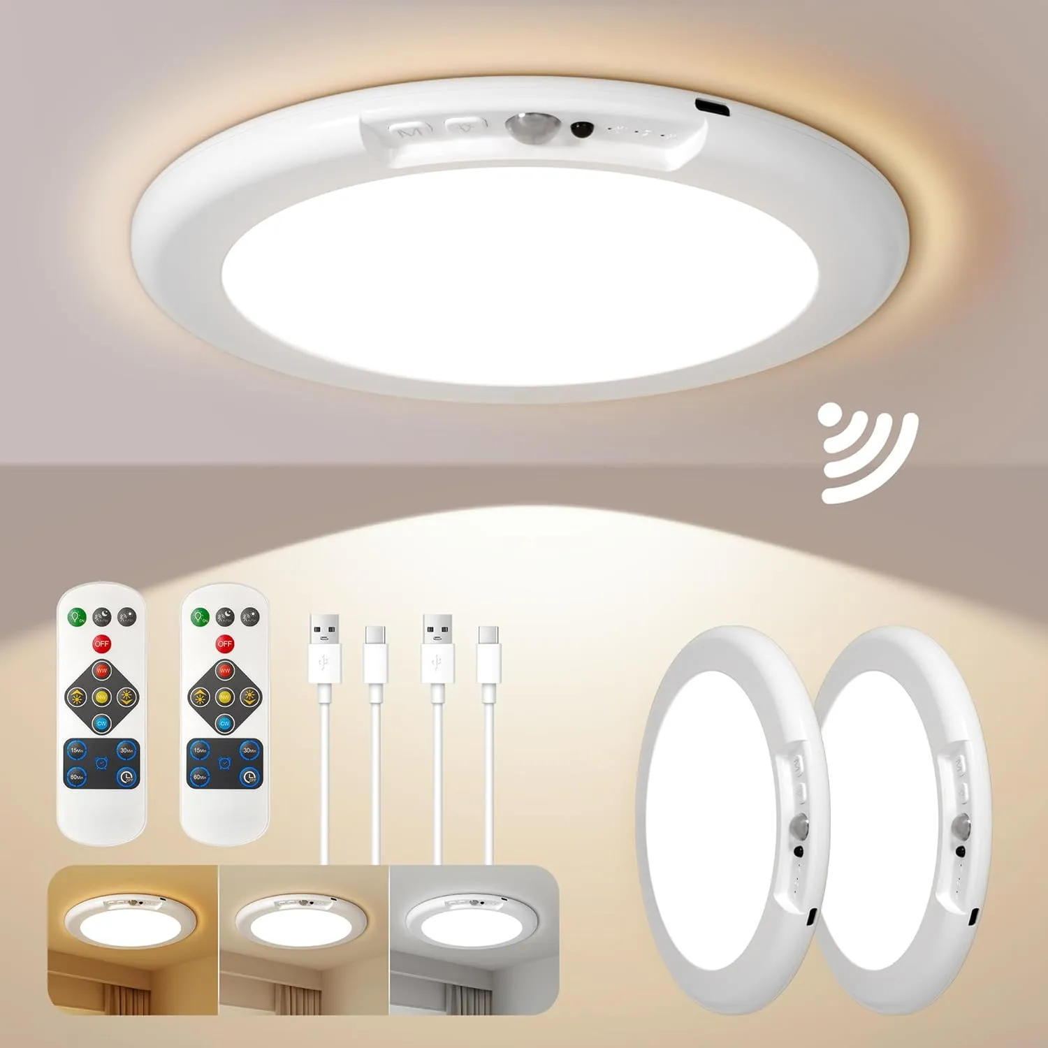 Rechargeable Motion Sensor Ceiling Light, Wireless Battery Operated Ceiling Light, Motion Activated Closet Light with Remote, Magnetic Dimmable Timming, Shower Light for Closet, Bathroom, Pantry, Shed