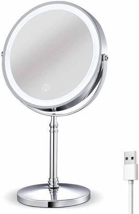 Rechargeable Lighted Makeup Mirror 8 Inch Double Sided 1x/ Magnifying Tabletop Vanity Mirror Touch Sensor Dimming 360 Degree Swivel Cosmetic Mirror Cord/Cordless Chrome