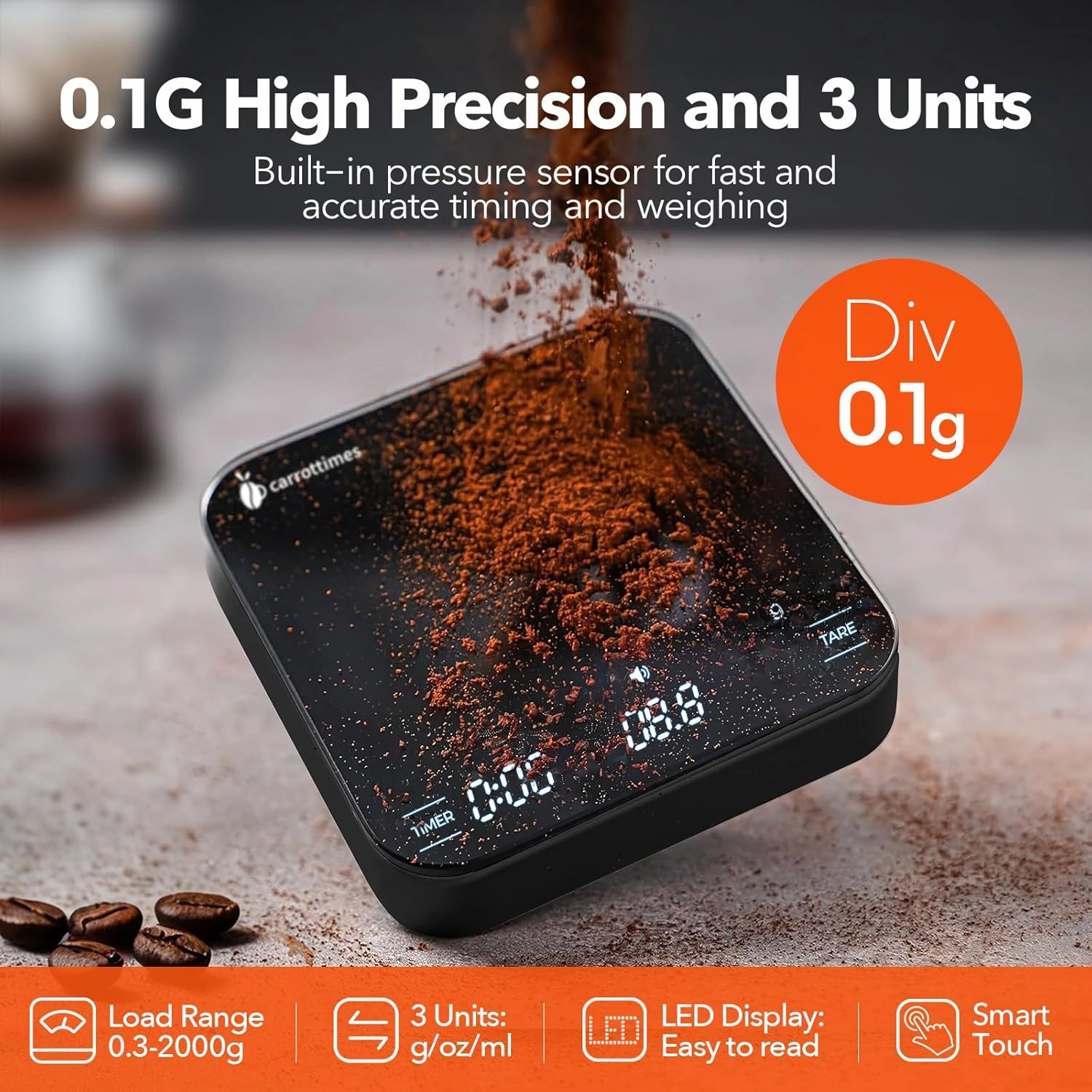 Rechargeable Mini Coffee Scale with Timer, 2kg/0.1g Precision Espresso Scale, Portable Digital Coffee Scale w/ 4 Modes for Espresso and Pour-Over Coffee (Black)
