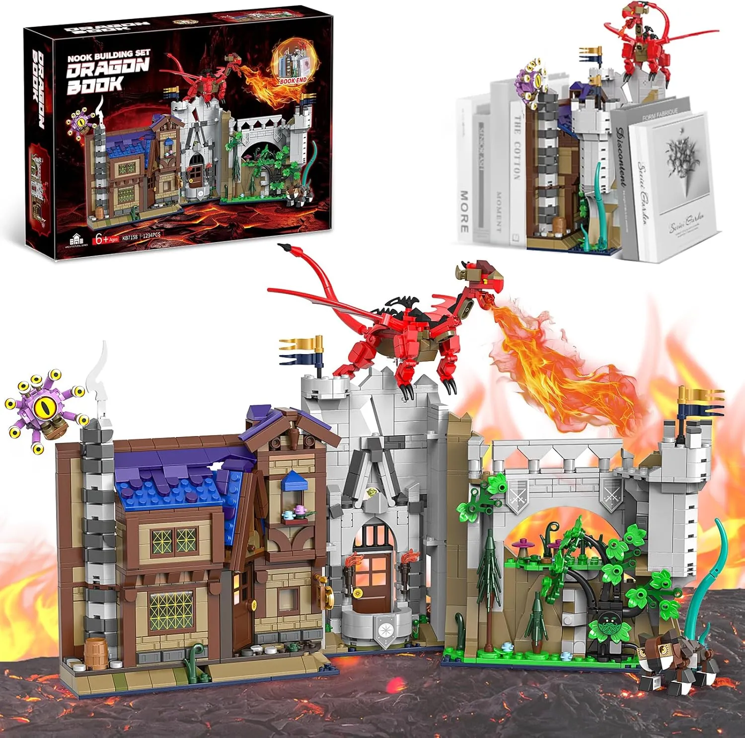 Red Dragons Medieval Castle Book Nook Building Set for Adults, Compatible with Lego, Unique Magic Bookend for Bookshelf & Home Decor, Ideas Dragon Toy Gift for Kids Boys 8-14 (1234 PCS)