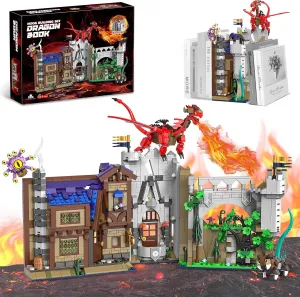 Red Dragons Medieval Castle Book Nook Building Set for Adults, Compatible with Lego, Unique Magic Bookend for Bookshelf & Home Decor, Ideas Dragon Toy Gift for Kids Boys 8-14 (1234 PCS)