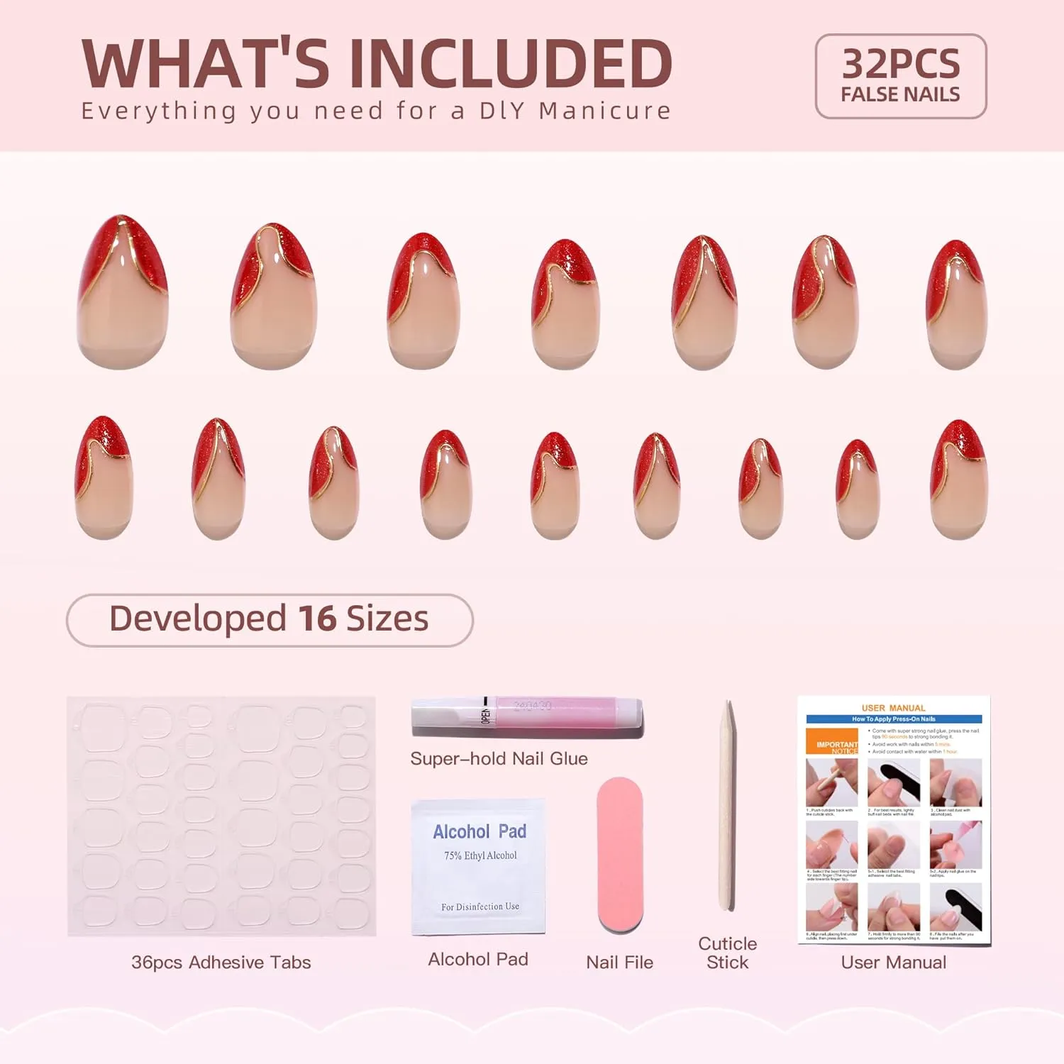 Red French Tip Press On Nails - Almond Press On Nails, Short Fake Nails with Nail Glue, Artificial Nails 16 Sizes - 32Pcs Reusable Soft Gel False Nails Tips Kit,Stick On Nails for Women