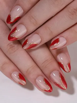 Red French Tip Press On Nails - Almond Press On Nails, Short Fake Nails with Nail Glue, Artificial Nails 16 Sizes - 32Pcs Reusable Soft Gel False Nails Tips Kit,Stick On Nails for Women
