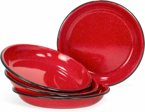 Red Co. Set of 4 Enamelware Metal 10” Round Camping Plates, White-Speckled Red/Black Rim