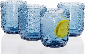 Red Co. Vintage Botanist Drinking Glass Set, Luxurious Floral Embossed Decorative Blue Glassware, Set of 4, 4-inch, 12 oz