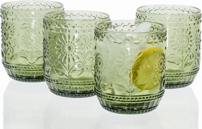 Red Co. Vintage Botanist Drinking Glass Set, Luxurious Floral Embossed Decorative Green Glassware, Set of 4, 4-inch, 12 oz