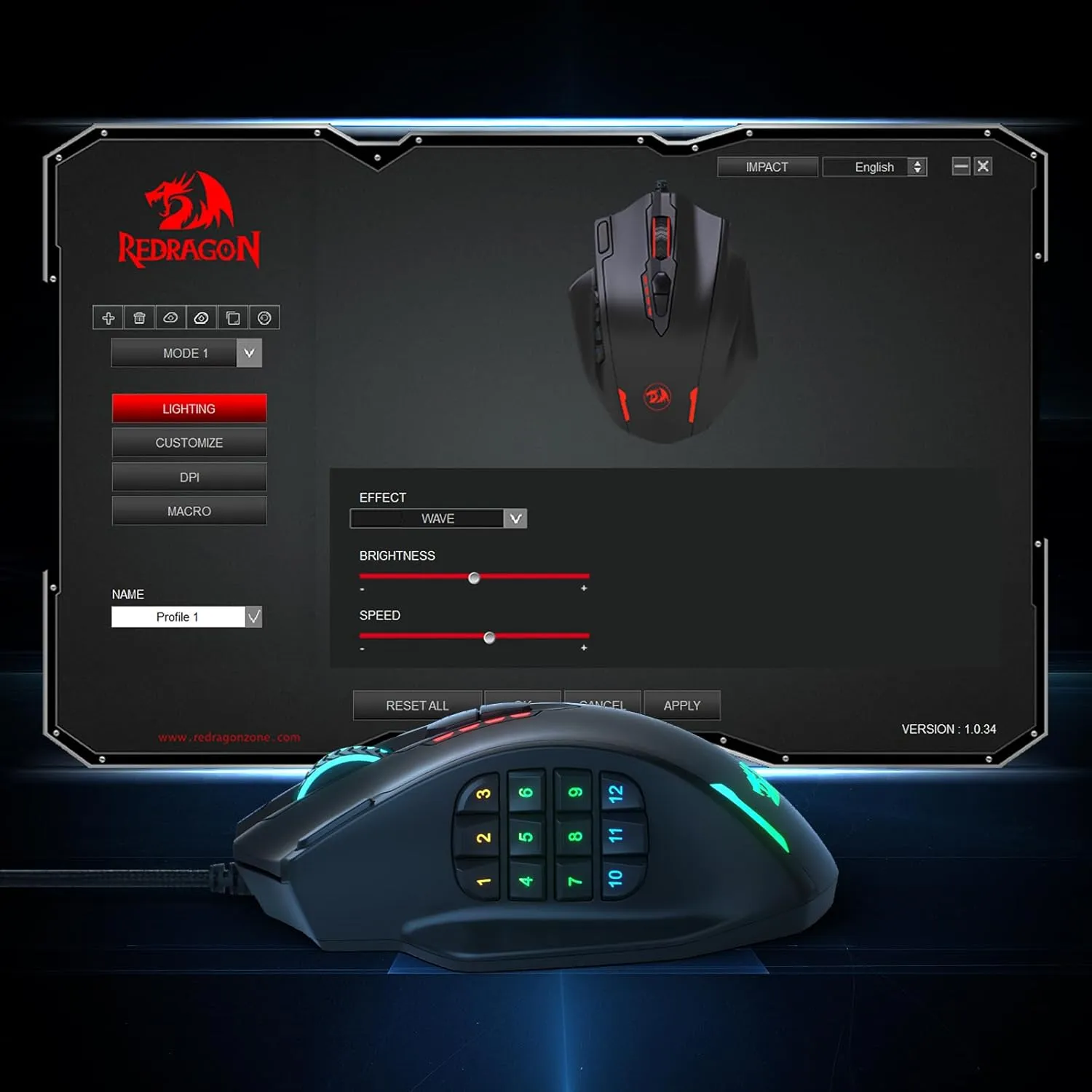 Redragon M908 Impact RGB LED MMO Gaming Mouse with 12 Side Buttons, Optical Wired Ergonomic Mouse with Max 12,400DPI, High Precision, 18 Programmable Macro Shortcuts, Comfort Grip