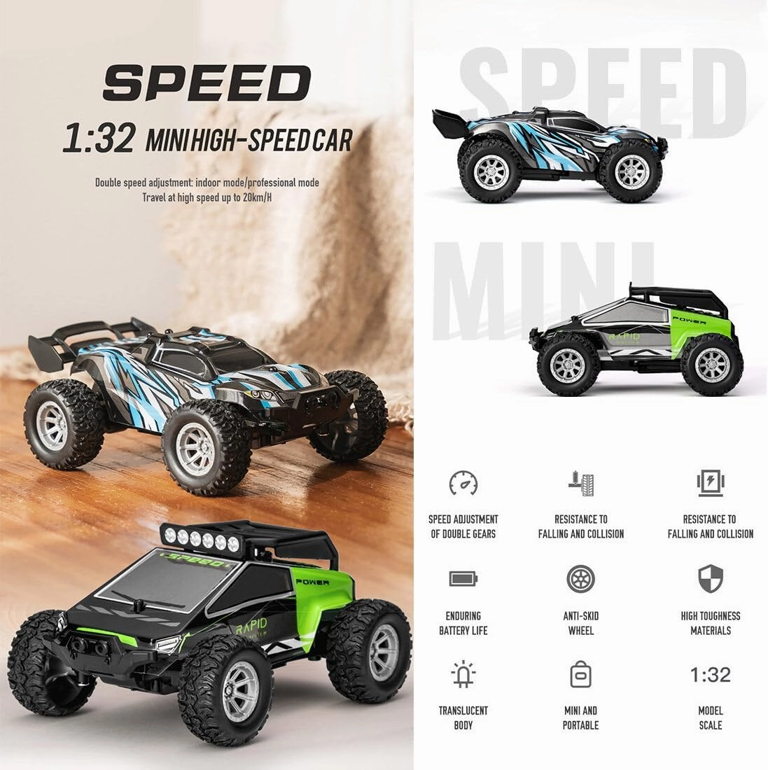 Remote Control Car, 20 km/h High Speed Offroad Race Car, 2.4Ghz 1:32 Mini Electric Drift Off-Road Vehicle Model
