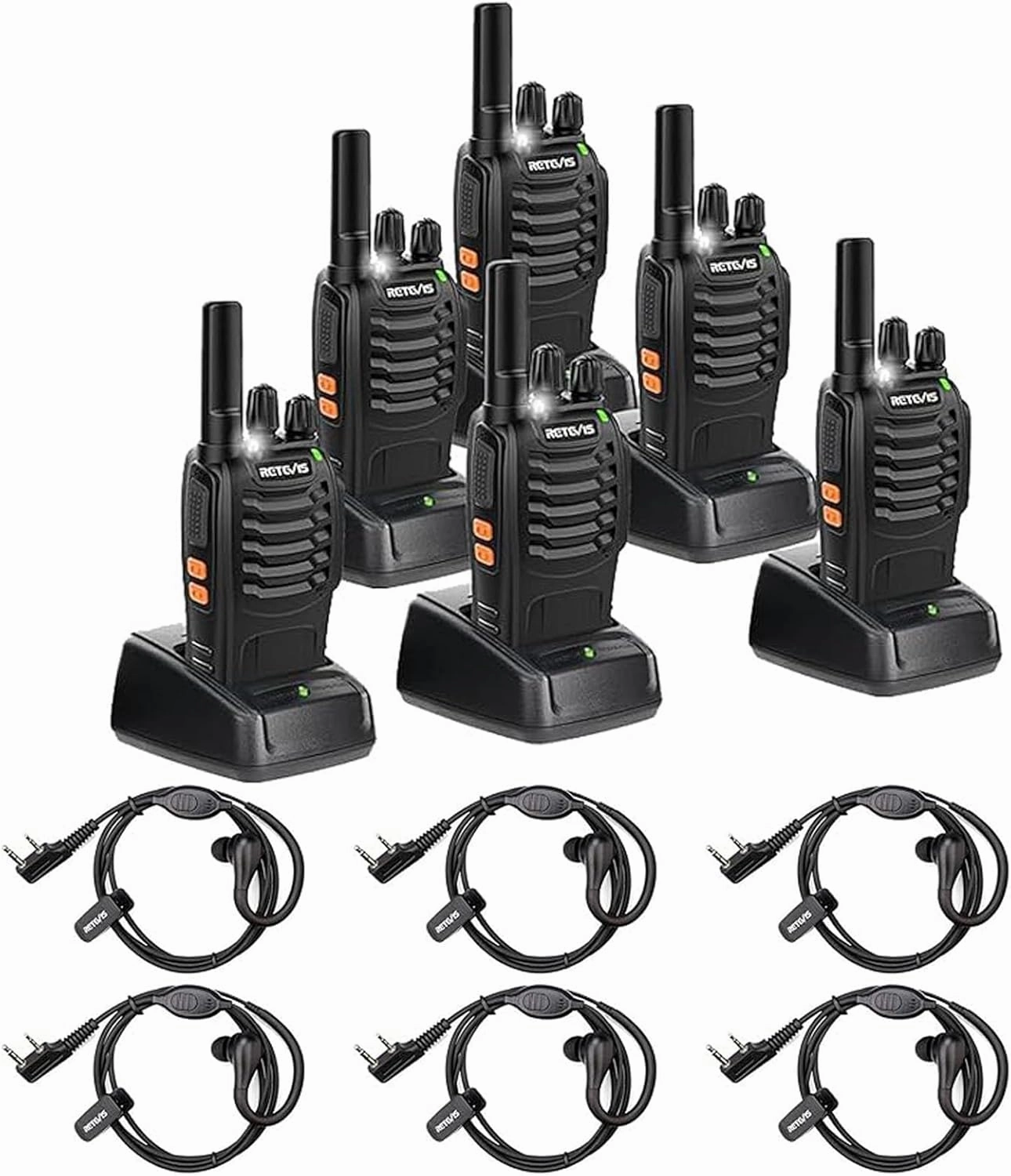 Retevis H-777 Walkie Talkies(6 Pack) with Walkie Talkie Earpiece(6 Pack), Long Range, Hand Free, Rechargeable Two Way Radio, Business 2 Way Radios with Charger