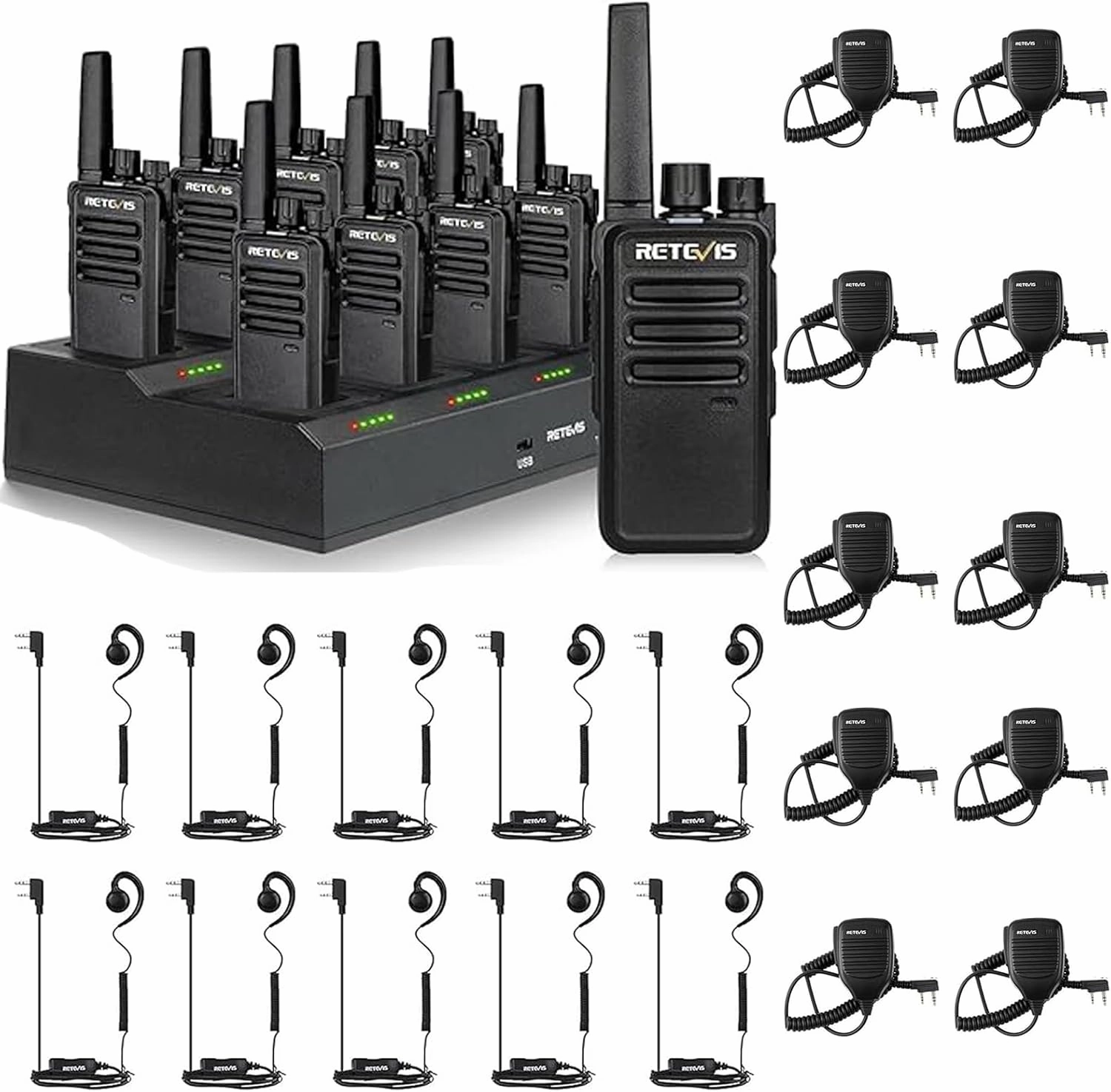 Retevis RT68 2 Way Radio with Mic(10 Pack) with Walkie Talkie Earpiece(10 Pack), Easier Securer Charging, 1200mAh, Compact Handheld Two Way Radios Rechargeable for Industry