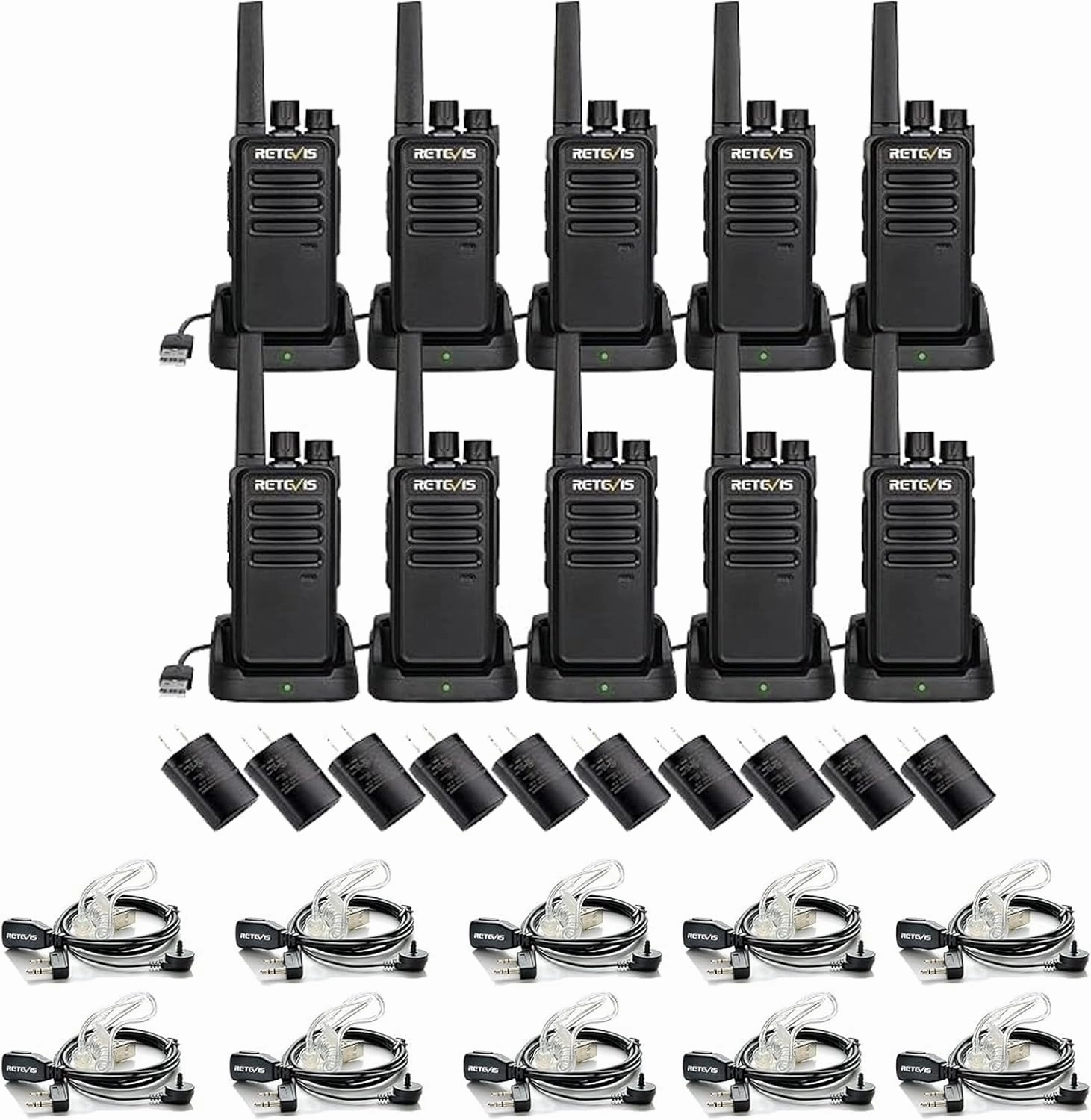 Retevis RT68 Two Way Radio(10 Pack) with Walkie Talkies Earpiece(10 Pack), Compact, Rugged, Heavy Duty 2 Way Radios Rechargeable with USB Charging Base