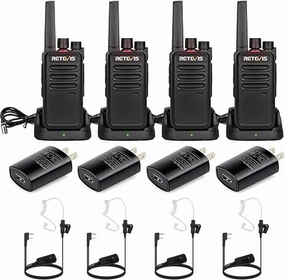 Retevis RT68 Walkie Talkies(4 Pack) with AI Active Noise Cancelling Two Way Radio Earpiece(4 Pack)，Hands Free, 1200mAh Battery, Portable Walkie Talkie Rechargeable with USB Charging Base
