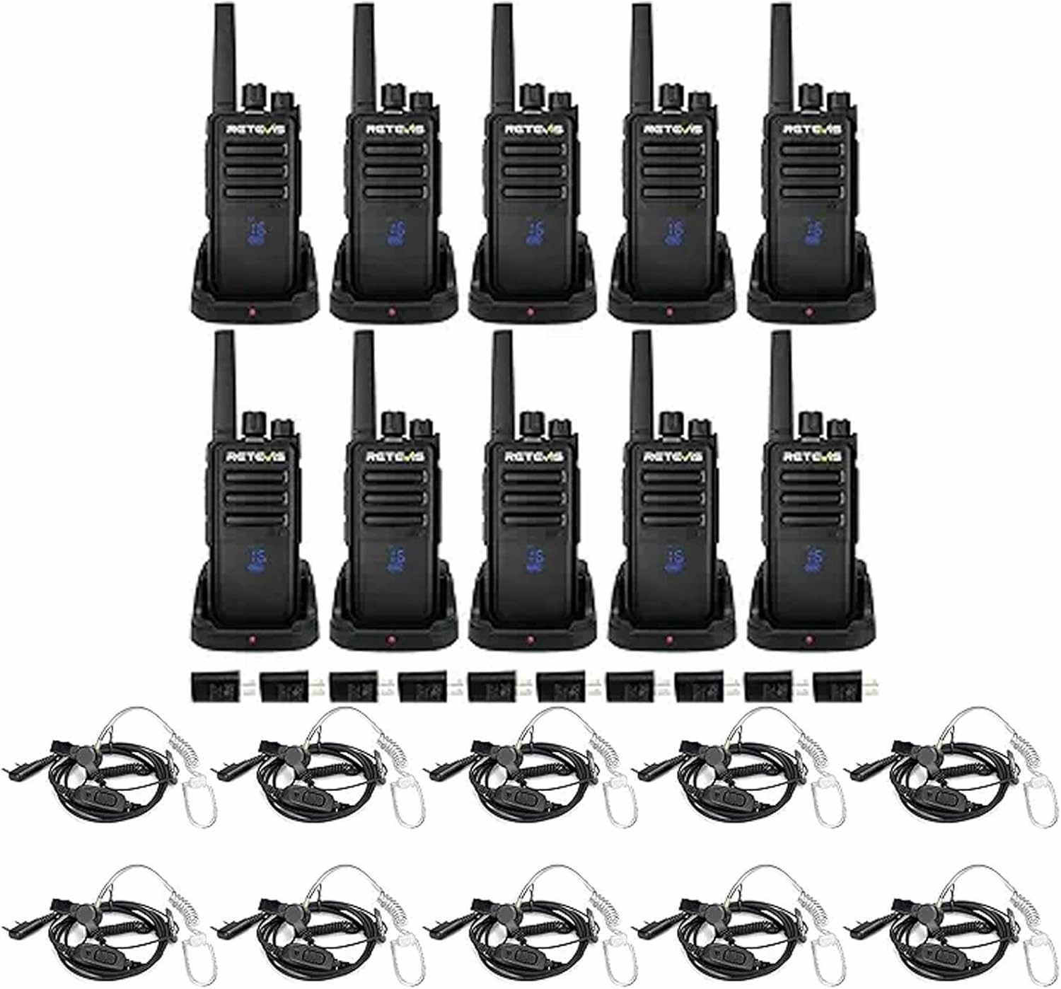 Retevis RT68H 2 Way Radio(10 Pack) with Walkie Talkie Earpiece(10 Pack),Visualization,Shatterproof Hidden Display,VOX Hands Free, Rechargeable Walkie Talkie for Adults with Charging Base
