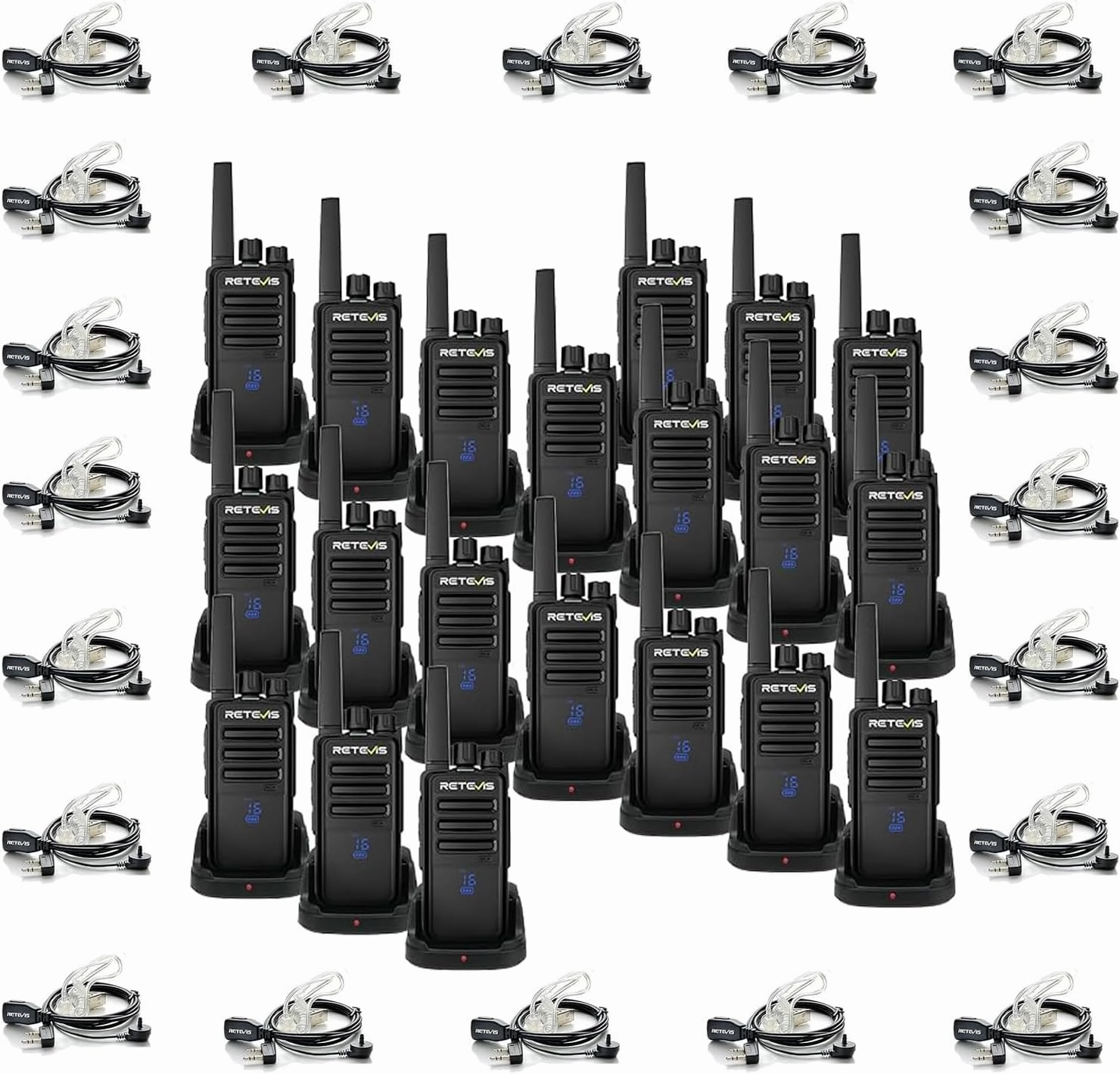 Retevis RT68H Long Range Walkie Talkies(20 Pack) with Walkie Talkies Earpiece(20 Pack), Two Way Radio Rechargeable, Visualization, Ease of use, Hidden LED Display, Keylock, VOX