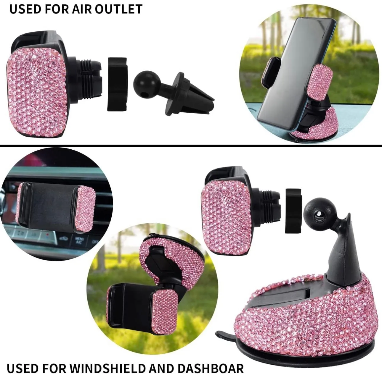 Rhinestone Car Phone Holder with an Air Vent Base Universal Dashboard Windshield Air Vent Mount