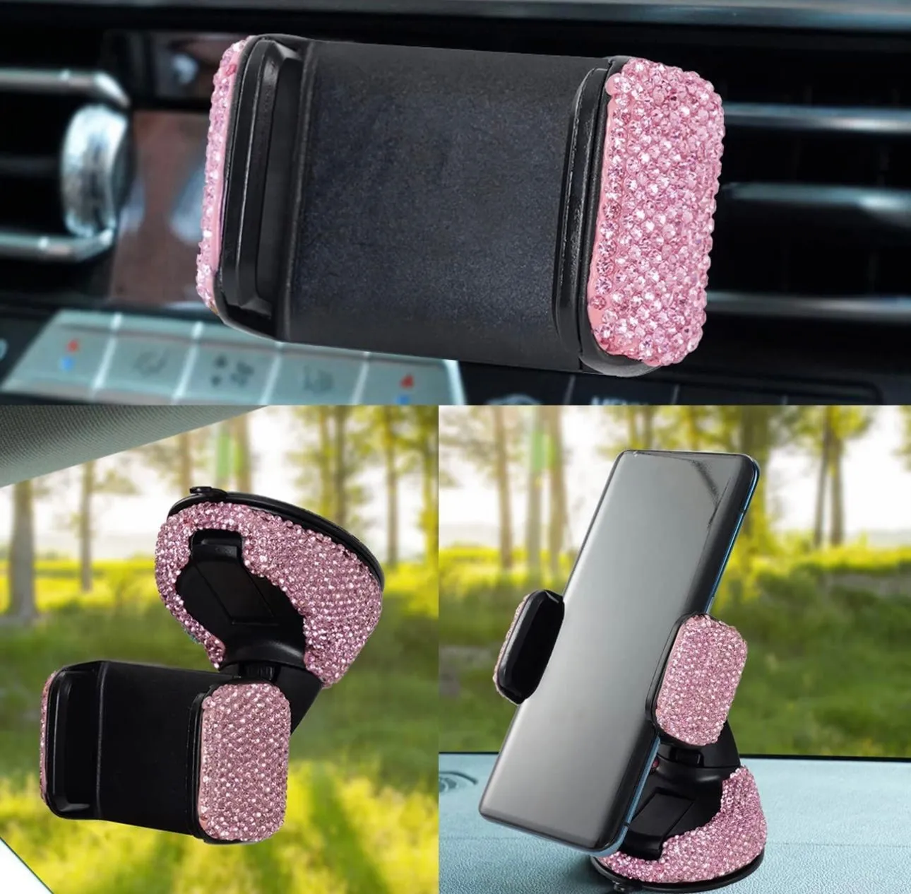 Rhinestone Car Phone Holder with an Air Vent Base Universal Dashboard Windshield Air Vent Mount