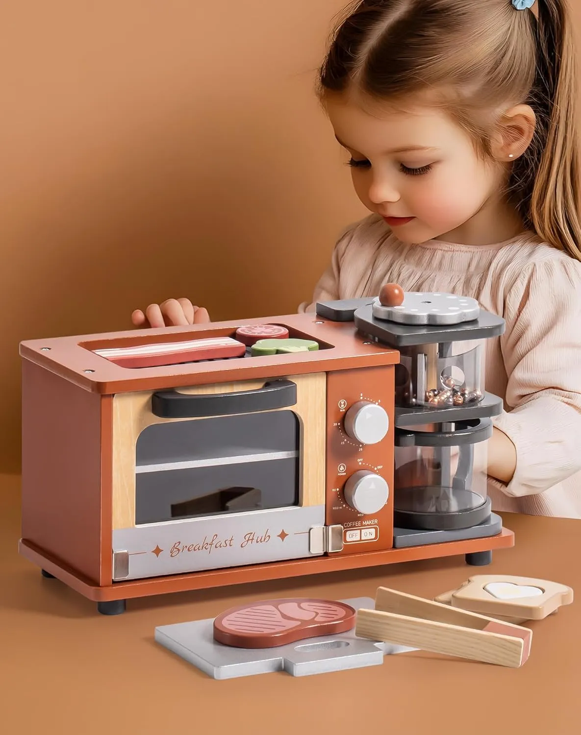 ROBOTIME Play Kitchen Toys Accessories - Wooden Breakfast Machine Kitchen Toy for Kids with Coffee Maker and Pretend Play Food Sets - Kitchen Playset Appliances Toy for Toddlers (Caramel)
