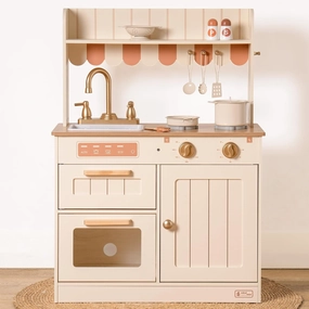 ROBUD Play Kitchen, Wooden Kids Kitchen Playset for Kids with Realistic Design, Sink, Oven, Stove, Cabinet, American Vintage Style, Age 3 