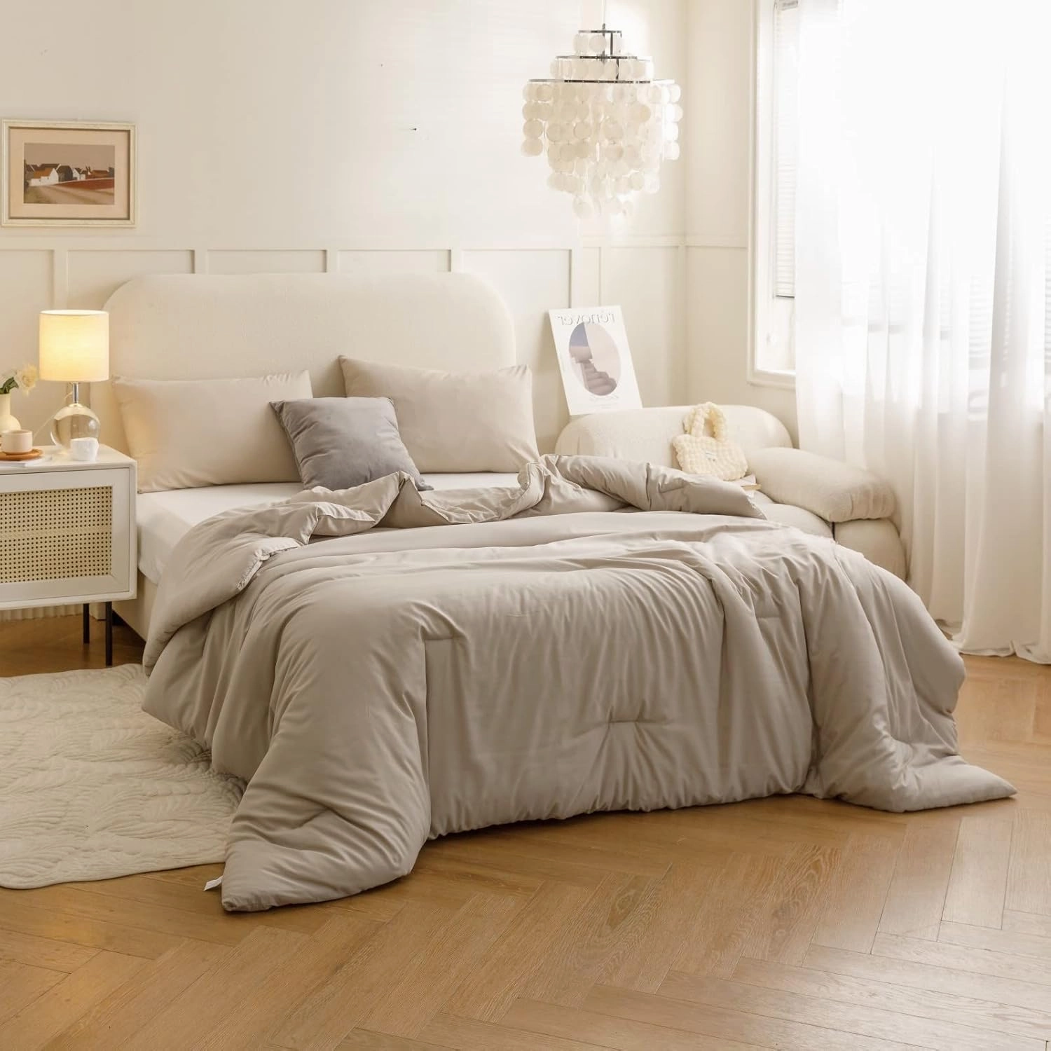 ROSGONIA King Size Comforter Set Oatmeal, 3pcs (1 Boho Comforter & 2 Pillowcases), All Season Bedding Soft Lightweight Bedspread Blanket Quilt