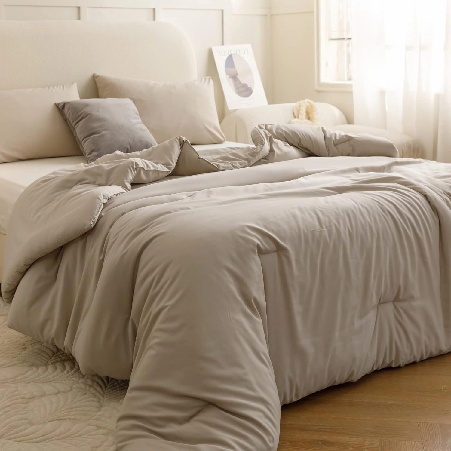 ROSGONIA King Size Comforter Set Oatmeal, 3pcs (1 Boho Comforter & 2 Pillowcases), All Season Bedding Soft Lightweight Bedspread Blanket Quilt